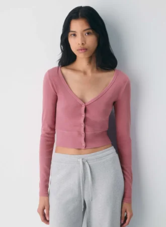 HomeStretch™ Rib V-Neck Waist Button-Up